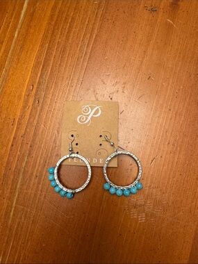 Plunder Silver Hoop Earrings with Turquoise Beads, NWT
